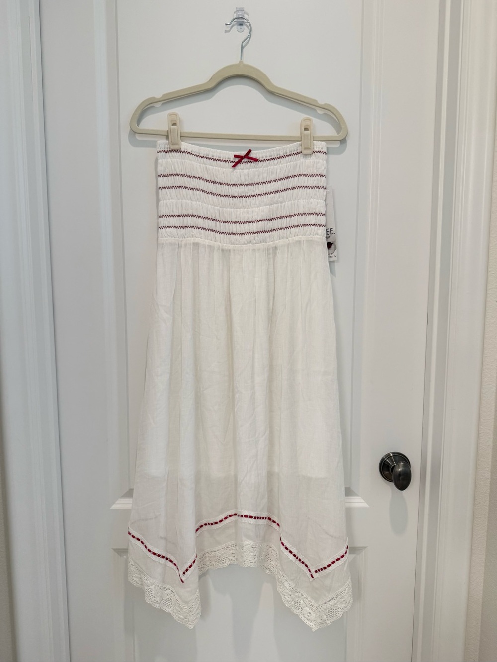 White Strapless Midi Dress with Red Trim NWT